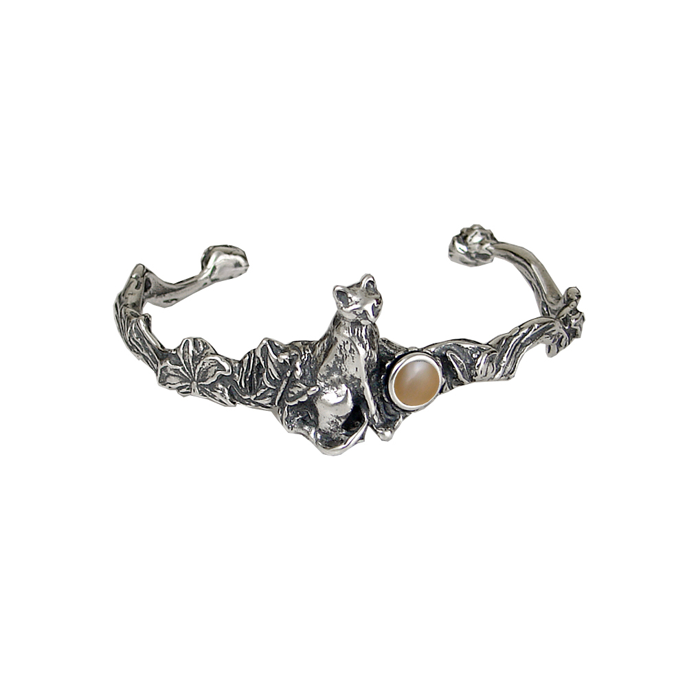 Sterling Silver Cat With Flowers Cuff Bracelet Peach Moonstone